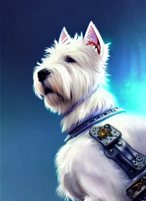 Image similar to a west highland white terrier, anime art style, wearing futuristic, led - lit armor, and a cannon mounted on his back, portrait, high detail, sharp focus, digital painting, artstation, concept art, art by hayao miyazaki and artgerm and greg rutkowski and alphonse mucha.