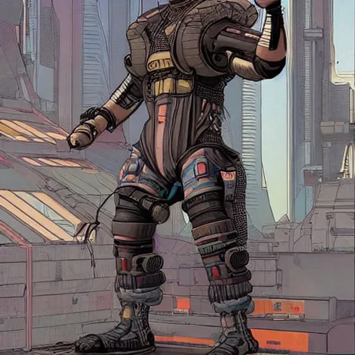 Image similar to Apex legends cyberpunk weight lifter. Concept art by James Gurney and Mœbius.