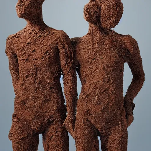 Image similar to dmt bodies. Mesh of human figures intertwined. earthen colors. The medium of this sculpture is human hair. A mess of human hair. Sculpted by August Rodine.