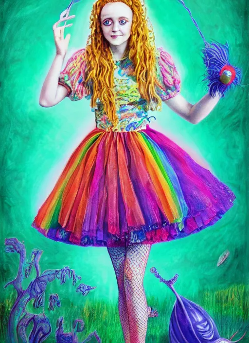 Prompt: surrealism psychedelic full body portrait sketch of evanna lynch as sadie sink as delirium of the endless in fishnet top and rainbow tutu skirt from the sandman, floating goldfish, green and blue eye heterochromia by alex ross, josh kirby, detailed, elegant, intricate