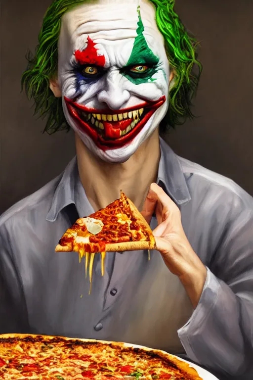 Image similar to a full body high detail fantasy portrait oil painting illustration of the joker eating baked beans and pizza by justin sweet with face and body clearly visible, in a scenic background, pretty eyes, realistic proportions, d & d, rpg, forgotten realms, artstation trending, high quality, sombre mood, artstation trending, muted colours, entire person visible!