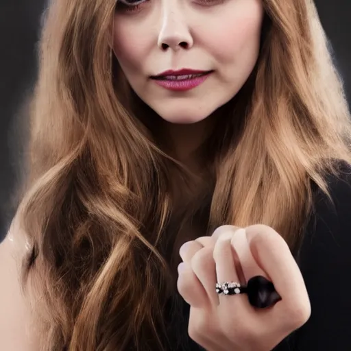 Image similar to Elizabeth Olsen holding a ring out saying 'No', photorealistic imagery, 4k, 8k