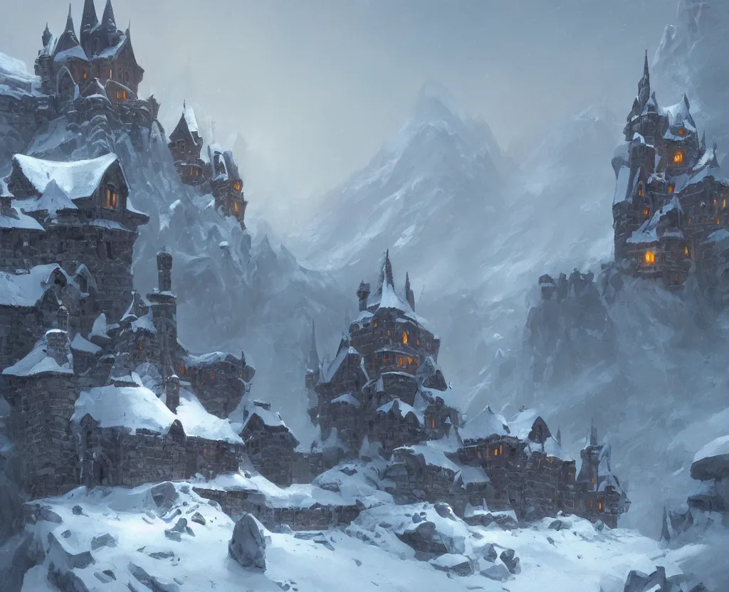 Image similar to a painting of a castle in the middle of a snowy mountain, a detailed matte painting by andreas rocha and greg rutkowski, featured on artstation, fantasy art, matte drawing, matte painting, artstation hq