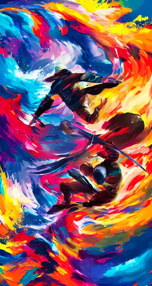 Image similar to colorful beautiful abstract scene, ninja with katana of water wave, full body, water fists of fury, jumping leaping heroic attack, action scene, ultra detailed