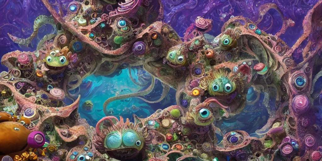 Image similar to of an intricate sea reef with strange cute friendly happy creatures with huge eyes, mouth, long tongue, round teeth and goofy face, appearing from the background, in the style of gehry and gaudi, macro lens, shallow depth of field, ultra detailed, digital painting, trending artstation, concept art, illustration, cinematic lighting, photorealism, epic, octane render