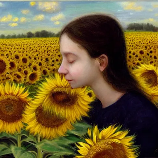 Image similar to a girl smelling one of sunflowers in an amazing tall sunflower field, hair flowing, fog, early morning lightning, subtle, intricate details, real masterpiece, oil on canvas, by franz kafka