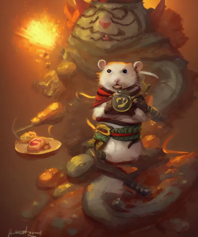 Image similar to anthropomorphic hamster ninja eating sushi, ninja outfit, standing in a buddhist temple, cute and adorable, dnd character art portrait, well rendered matte fantasy painting, deviantart artstation, by jason felix by steve argyle by tyler jacobson by peter mohrbacher, cinematic lighting