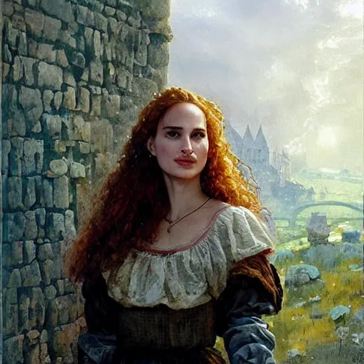 Prompt: young, freckled, curly haired, redhead natalie portman as a optimistic!, cheerful, giddy medieval innkeeper in a dark medieval inn. dark shadows, colorful, dim light, law contrasts, fantasy concept art by jakub rozalski, jan matejko, and j. dickenson