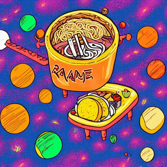 Image similar to a ramen foodcart on an asteroid at the end of the universe, aliens sitting on stools eating, cosmic and colorful, deep colors and bold strokes, digital drawing