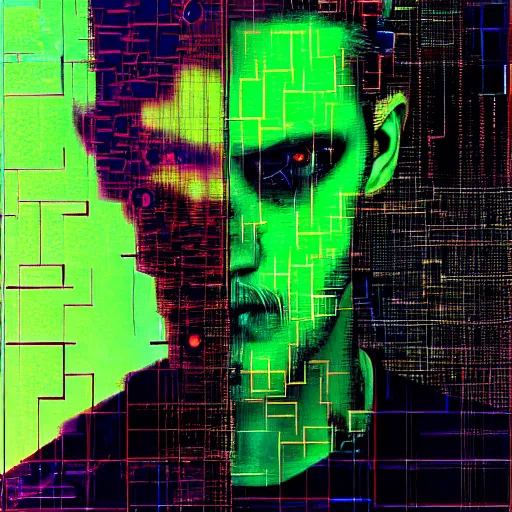 Prompt: hyperrealistic portrait of a cyberpunk man, young adult, medium hair, immersed within a network, glitch eyes, lattice, by Guy Denning, Johannes Itten, Derek Gores, Russ Mills, glitch art, hyper focus, fine detail, polished, complex, hacking effects, holographic, digital tech effects, green, color blocking!, realistic, acrylic on canvas, concept art, abstract!, symmetrical, 8k, concept art, octane, cgsociety, trending on artstation