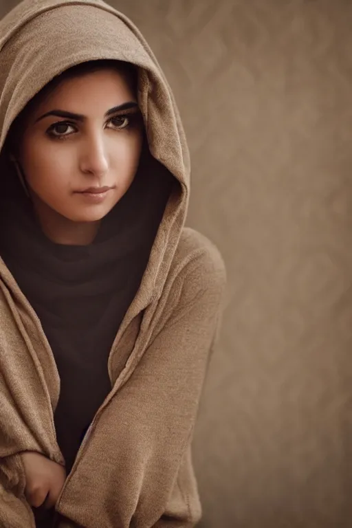Prompt: short brown hair Arab Spanish shy young woman in a beige hoodie, Diwani calligrapher using bamboo pen, cinematic lighting, hyper-detailed realistic, rule of thirds, photograph