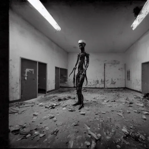 Image similar to photograph of the interior abandoned soviet research lab, weird humanoid monster in the background, liminal space, rundown, backrooms, fluorescent lights, surreal ambiance, film grain, polaroid, brutalist, artstation