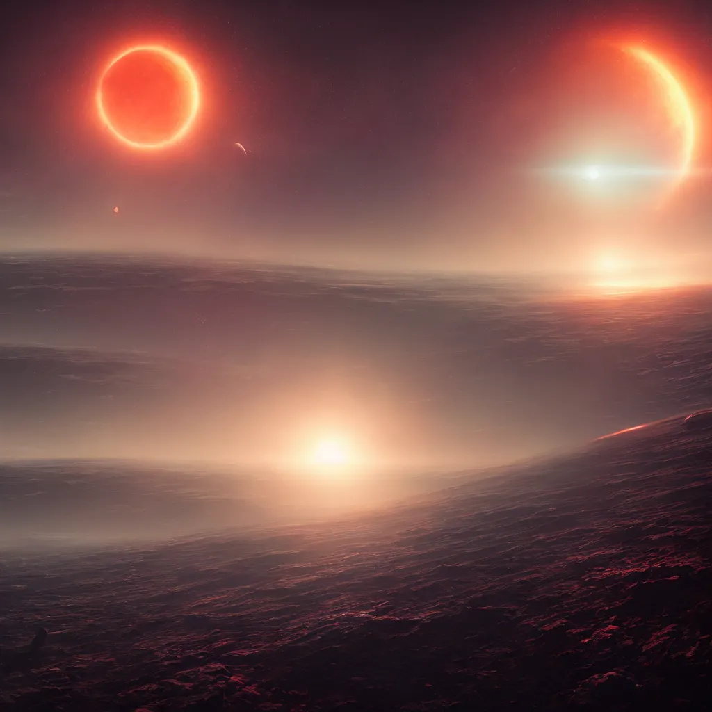 Image similar to horizon of the sun, a colorful exoplanet, view from space far away, artstation, cinematic, by greg rutkowski, scifi, digital art, digital painting, unreal engine, 8 k, volumetric lighting, contrast