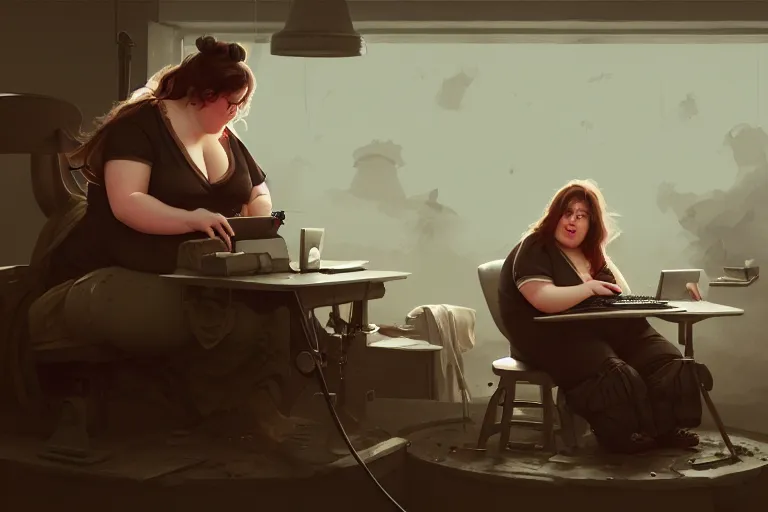 Prompt: obese feminist typing a tweet, battlefield, highly detailed, photoreal, sharp focus, illustration, gross, colorful, trending on artstation, cinematic, artwork by wlop