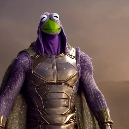 Prompt: photo of Kermit the frog as Thanos in averngers movie