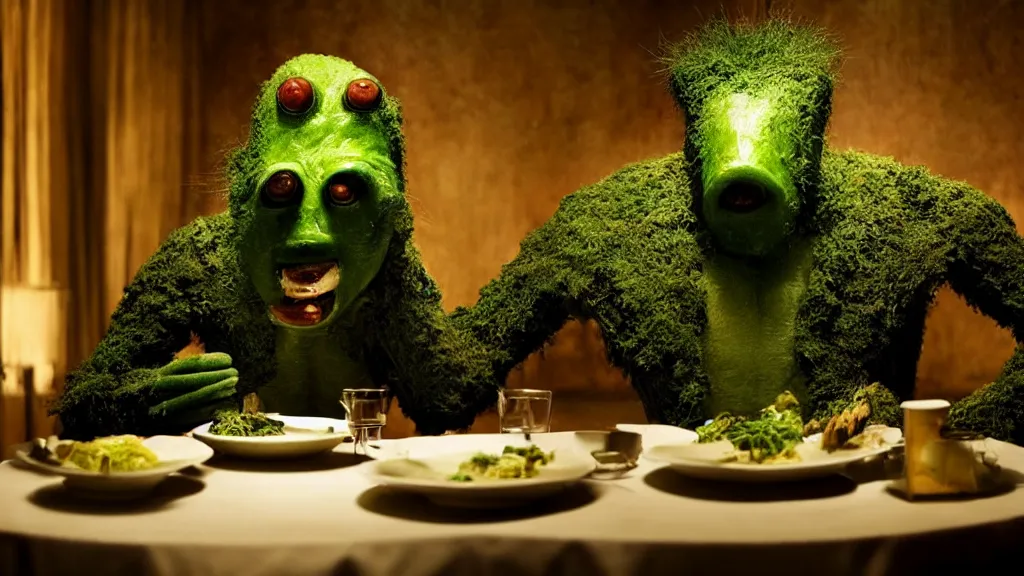 Image similar to the strange creature in the restaurant likes to eat, made of Chlorophyll and oil, film still from the movie directed by Denis Villeneuve with art direction by Salvador Dalí