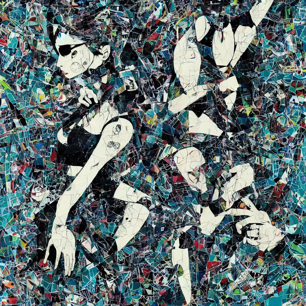 Image similar to girl figure, abstract, jet set radio artwork, ryuta ueda artwork, cryptic, rips, spots, asymmetry, stipple, lines, glitches, color tearing, pitch bending, stripes, dark, ominous, eerie, hearts, minimal, points, otomo katsuhiro artwork, technical, natsumi mukai artwrok, folds