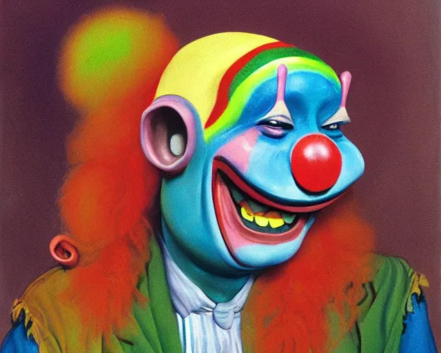 Prompt: The Clown Frog King welcomes you Clown World, painting by Ralph McQuarrie, clown frog king in clown makeup and rainbow wig, chaotic