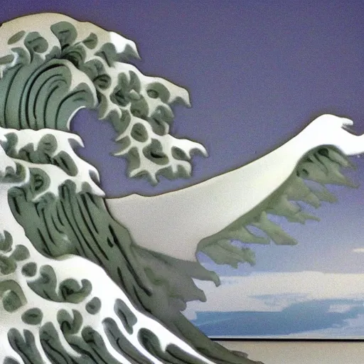 Prompt: a d&d miniature of a marble statue of The Great Wave off Kanagawa, 3D, sculpture