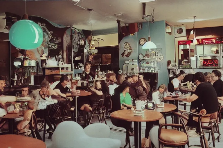 Image similar to retro - style cafe filled with pepe the frog customers drinking coffee, 8 0 s style, cinematographic photo