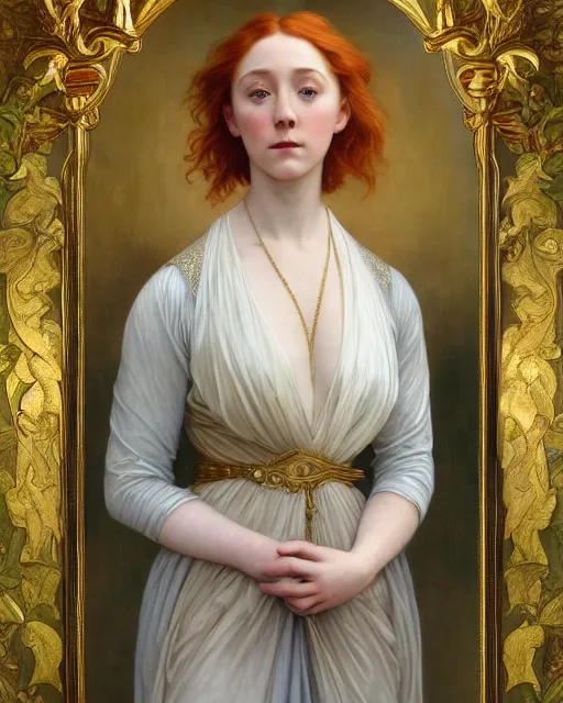 Image similar to realistic art nouveau oil painting of redheaded young saoirse ronan or redheaded millie bobby brown wearing a reflective gold dress, highly detailed, intricate, elegant, digital painting, smooth, sharp focus, illustration, ultra realistic, 8 k, by bouguereau, alphonse mucha, artgerm, and donato giancola