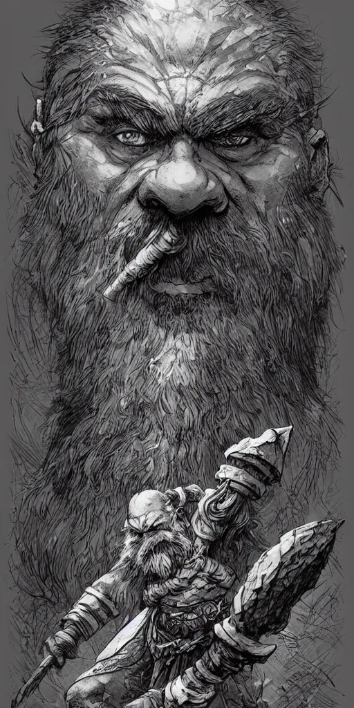 Prompt: concept art, aged dwarf stonemason warrior character, poster style, by paul pope, travis charest, gustave dore, hiroshi yoshida, moebius, artgerm, cinematic