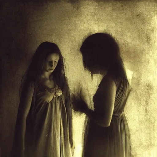 Prompt: Two angels looking at the mirror beautiful artwork by Katia Chausheva