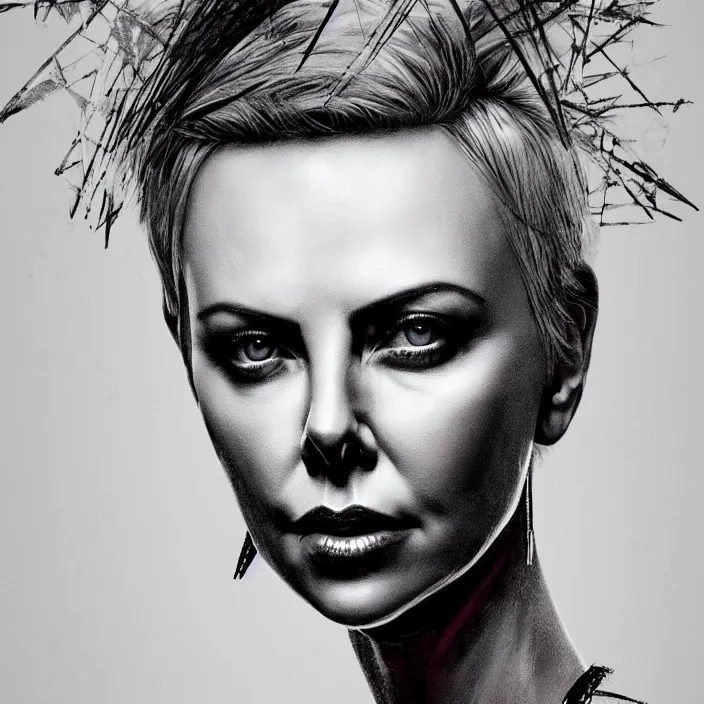 Image similar to portrait of charlize theron as a punk rock girl. intricate abstract. intricate artwork. by tooth wu, wlop, beeple, dan mumford. octane render, trending on artstation, greg rutkowski very coherent symmetrical artwork. cinematic, hyper realism, high detail, octane render, 8 k, iridescent accents