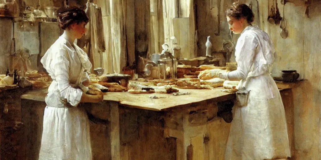 Image similar to a young edwardian woman baking bread in a cozy french kitchen, in the style of anders zorn