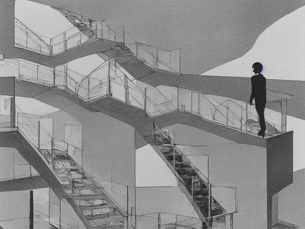 Prompt: lithograph printed in 1976. It depicts a man in a art gallery viewing a print of a seascape. The man's reflection is seen in the print, and the reflection shows the man walking down a staircase. The staircases in the print appear to be infinite, By M. C. Escher, colorized by Hayao Miyazaki