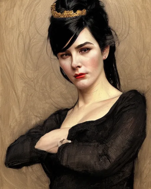 Prompt: portrait of a tall 4 0 - year - old woman with thin lips, long, lush black hair like a crown black, and thick eyebrows, wearing in black clothes, aristocratic appearance, hyper realistic face, beautiful eyes, close up, fantasy art, in the style of greg rutkowski, intricate, alphonse mucha, hyper detailed, smooth