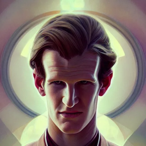 Image similar to symmetry portrait of matt smith, intricate, elegant, highly detailed, digital painting, artstation, concept art, smooth, sharp focus, illustration, art by artgerm and greg rutkowski and alphonse mucha