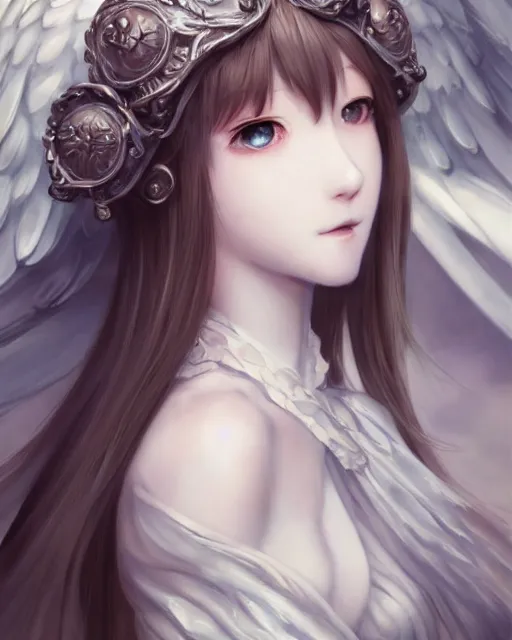 Image similar to range murata, an infinitely detailed portrait of a frail and pale female peace angel elegantly. fully - clothed full - body, beautiful! scenery art!! coherent! by wlop & murata range, victorian armor trim, cold color palette, artstation / pixiv!! elegantly armored angel portrait full - body, dreamy art