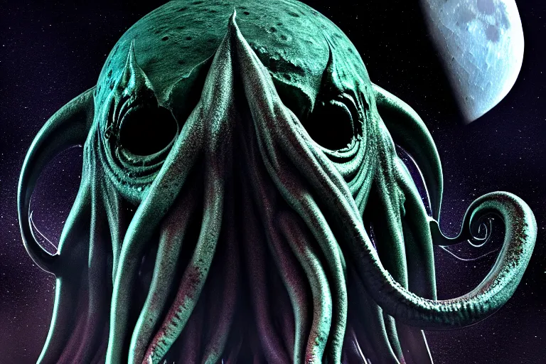 Prompt: cthulhu with face of 🤡 the lunar surface, moon, high detail, artstation, horizon, photorealistic, movie still