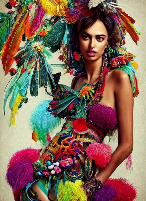 Image similar to beautiful portrait of Irina Shayk wearing fantastic Hand-dyed cotton dress,embellished beaded feather decorative fringe knots ,colorful pigtail,subtropical flowers and plants,intricate,elegant,highly detailed,8k,post-processing,digital painting,trending on pinterest,VOGUE,concept art, sharp focus, illustration, by artgerm,Tom Bagshaw,Lawrence Alma-Tadema,greg rutkowski,alphonse Mucha