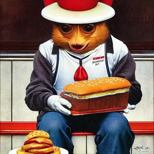 Prompt: pepe working at mcdonalds by norman rockwell