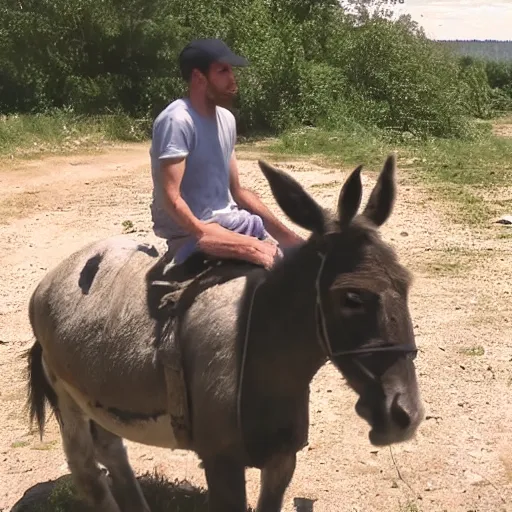 Prompt: dashcam footage of a gopnic slavsquatting on a donkey, eastern european, 4 k, 1 6 k, 8 k, hd, high resolution