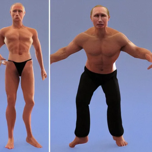 Image similar to putin wearing a thong, full body shot, hes on a green screen, hyper realistic, very detailed.