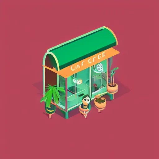 Image similar to isometric cute cartoon illustration style cafe australian, decorated with cute cannabis pot plants 🪴 utopian australiana simple frontage, poster, beautiful composition pastel palette by will barnet, digital art, hyperrealistic, sharp detailed soft, render cartoon by pixar