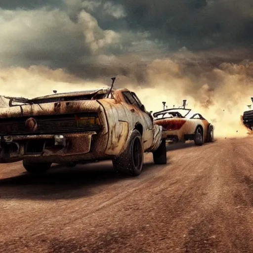 Prompt: a post apocalyptic car chase in the style of mad max, heavily modified cars, low camera angle, truck racing into camera, action photography