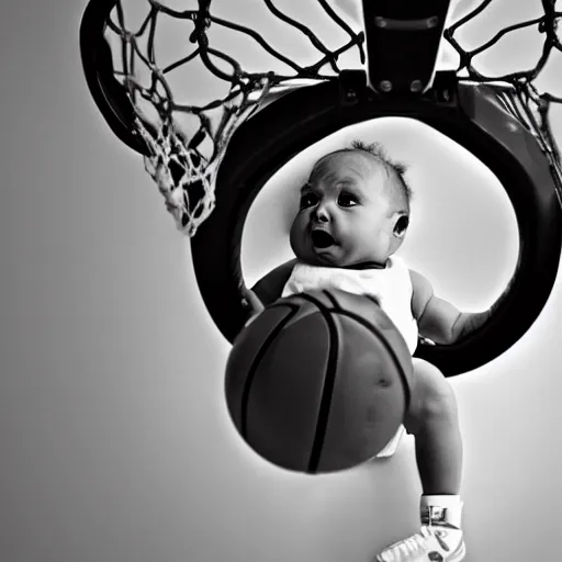 Image similar to a baby dunking a basketball, dramatic action photography, close up, epic shot