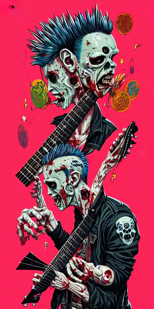 Image similar to a zombie punk rocker with a mohawk holding an acoustic guitar, tristan eaton, victo ngai, artgerm, rhads, ross draws