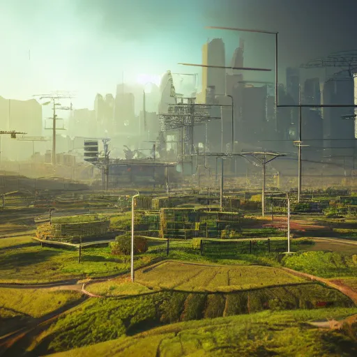 Image similar to fully detailed landscape cyberpunk farmland in the future, high quality, 8k , octane render