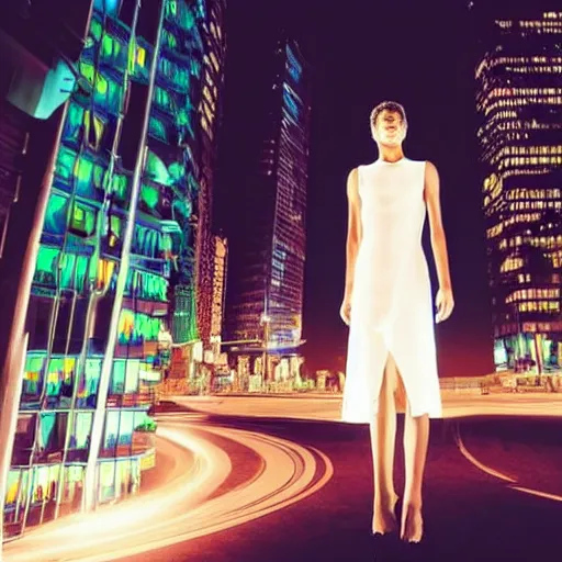 Prompt: brilliant vibrant solar earth god human form wearing white transparent dress professional profile photo portrait city alley at night dystopia cyberpunk in background