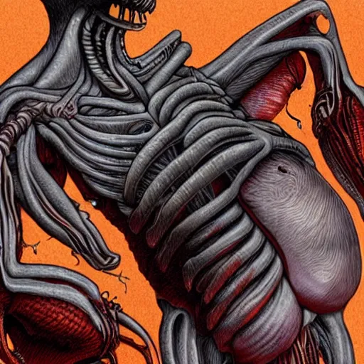 Image similar to a human bursting out of the chest of a xenomorph