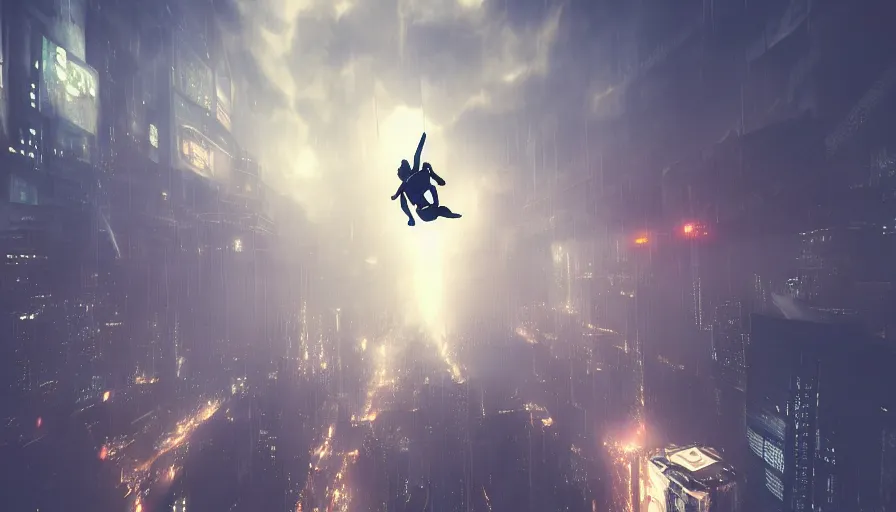 Image similar to man skydiving in dark cyberpunk city with clouds, digital art, volumetric lighting, dystopia, artstation, concept art, painting
