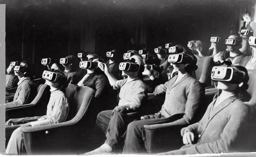 Image similar to 1 9 0 0 s photo of people wearing virtual reality headsets vr in a movie theater masterpiece old photograph