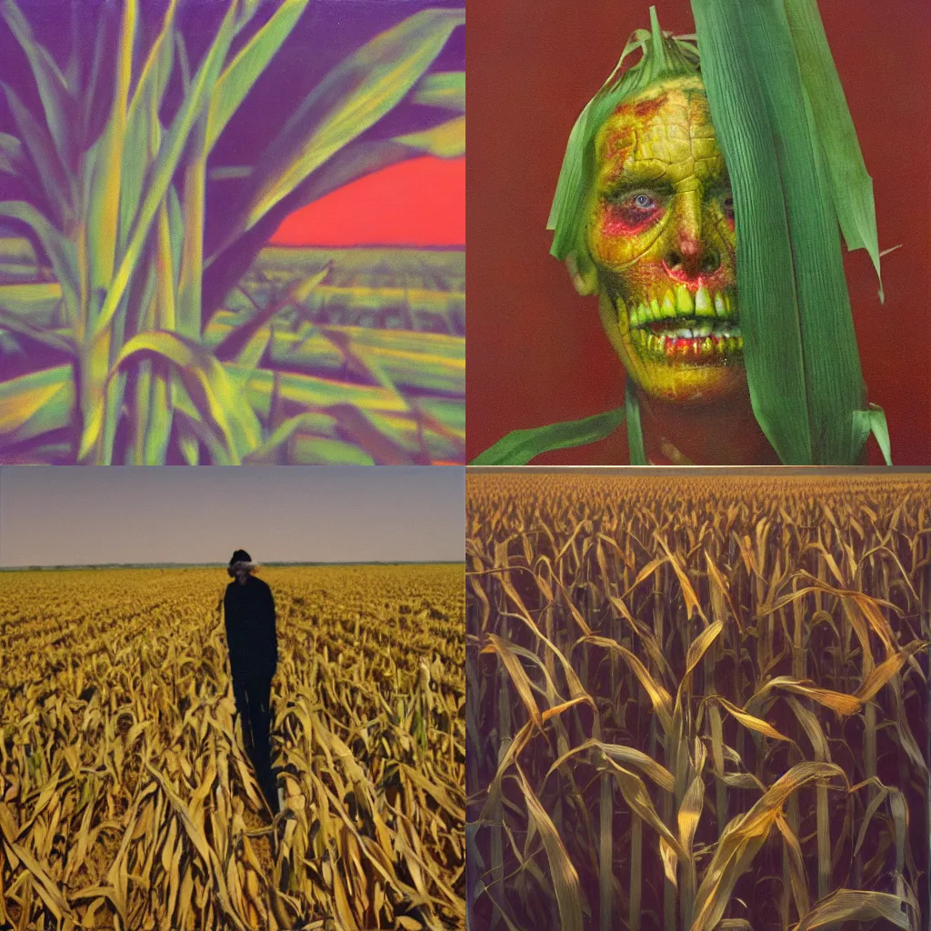 Prompt: the devil is in the corn, cinestill eastmancolor, liminal space, oil painting