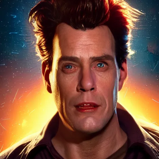 Image similar to hyperrealistic film still of ace ventura in space, violent explosion, stunning 3 d render, inspired by istvan sandorfi & greg rutkowski & unreal engine, perfect symmetry, dim volumetric cinematic lighting, 8 k octane comprehensive render, extremely hyper - detailed, incredibly lifelike attributes, intricate, real flesh texture, masterpiece, artstation, stunning,