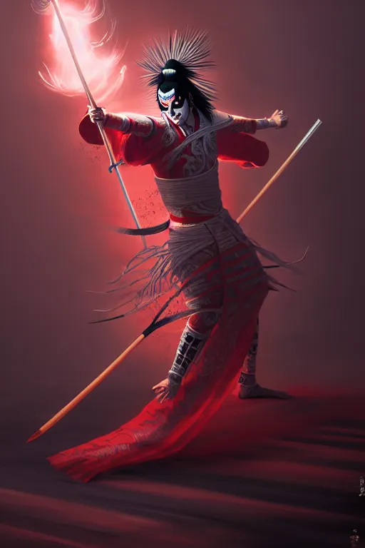 Image similar to elaborate illustration of an insane kabuki warrior wielding a spear striking a pose while emitting a visible aura of madness, crossed eyes, hazy atmosphere, greg rutkowski style, high quality, 8 k